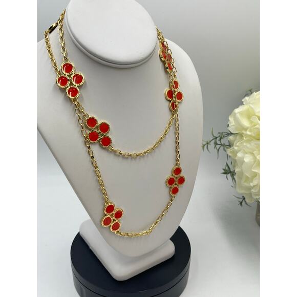 Tory Burch Kira Clover Necklace in gold-tone with red enamel or resin accents - Picture 5 of 12